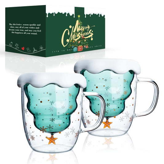 2-Pack Double-Walled Christmas Tree Glass Mugs with Snowflake Lids – 300 ml Borosilicate Holiday Coffee Cups